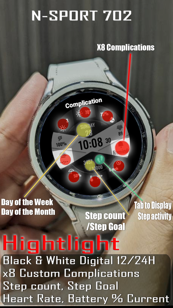 Feature Not Color Copy 2 N-Sport702 B&Amp;W Digital Watch Face-Samsung Galaxy Watch Ultra/7/6/5/4 Classic N-Sport Watch Face