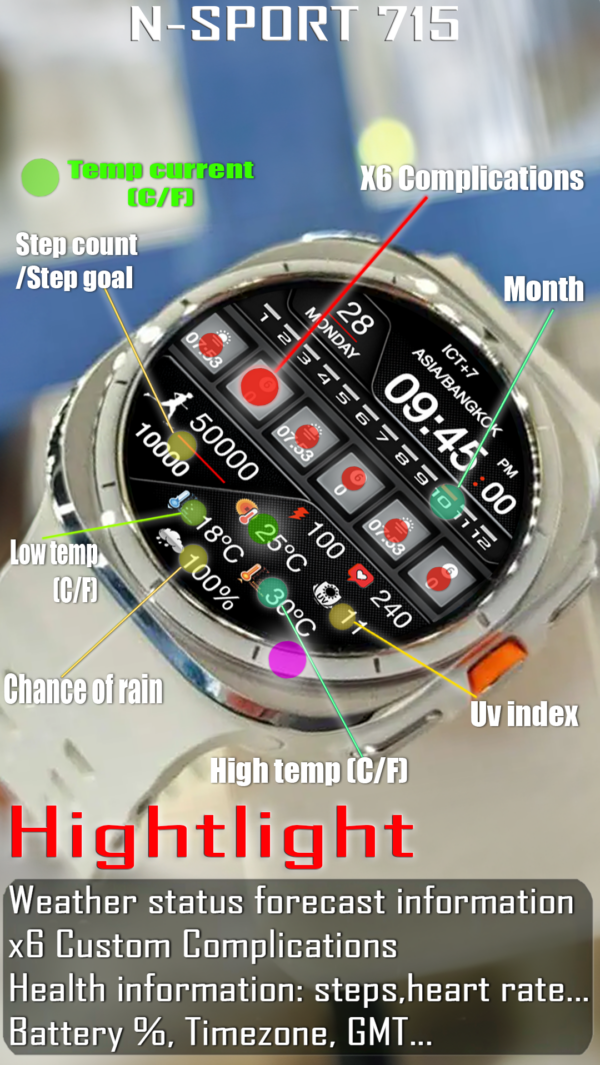 Feature Weather N-Sport715 Weatherdial Wearos5 Watch Face For Samsung Galaxy Watch 7/Ultra N-Sport Watch Face