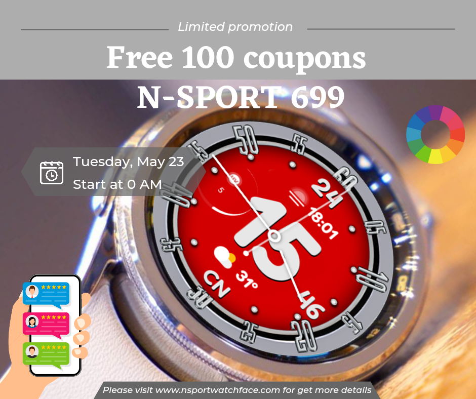 Big Gift 100 Coupons Free N-Sport 699 Watch Face – Samsung Watch 4/5/6 - N-Sport Watch Face