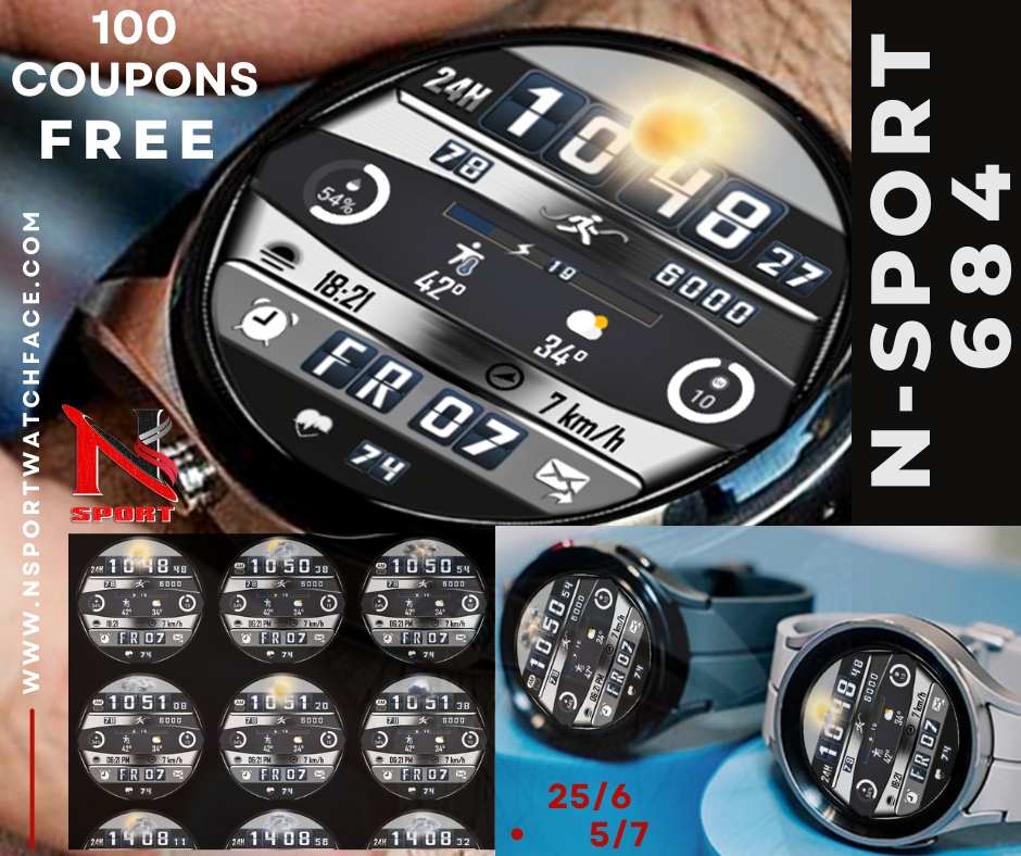 Free 100 Coupons N-Sport 684 Watch Face Wearos Samsung Galaxy Watch 4/5/6 - N-Sport Watch Face