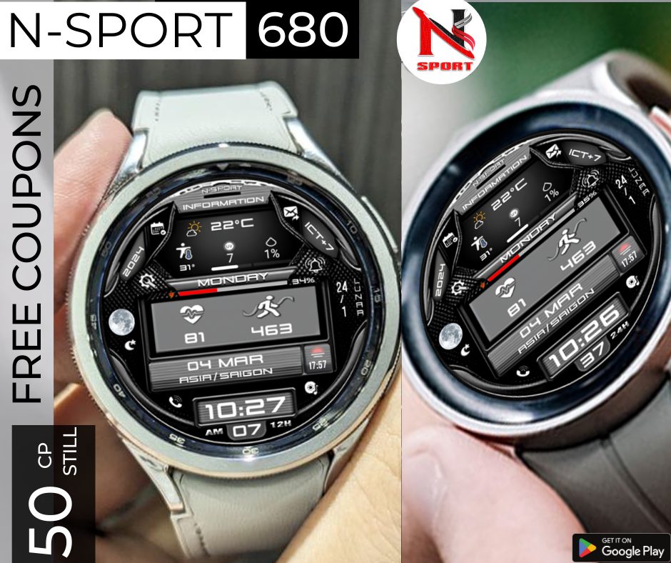 Free 50 Coupons N-Sport 680 Watch Face For Samsung Galaxy Watch 4/5/6 & Wearos Devices - N-Sport Watch Face