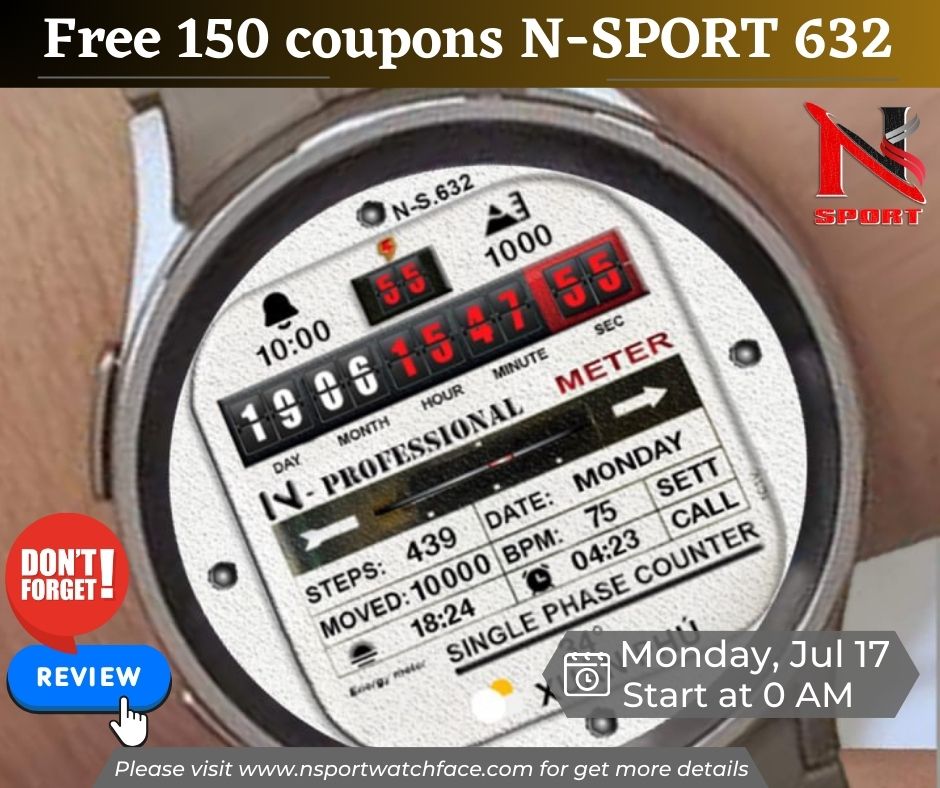 Free 150 Coupons N-Sport632 Watch Face Wearos -Samsung Galaxy Watch 4,5,6 - N-Sport Watch Face