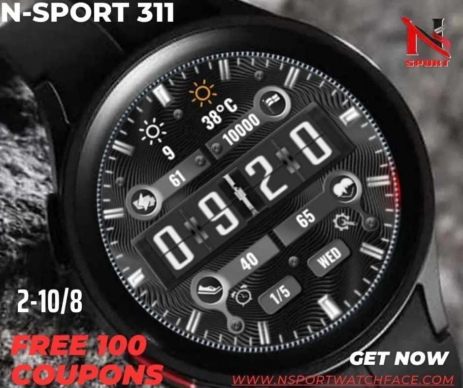 Free 100 Coupons N-Sport 311 Watch Face Wearos Samsung Galaxy Watch Ultra/7/6/5/4 - N-Sport Watch Face