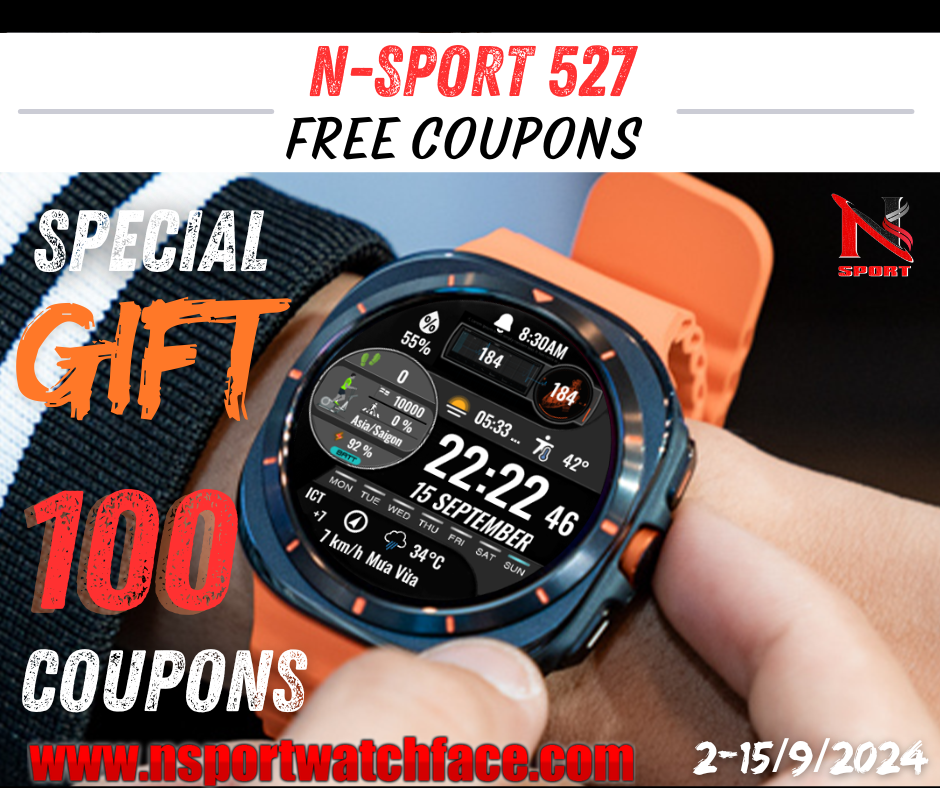 Black White Modern Special Offer Facebook Post Big Gift 2/9-Free 100 Coupons N-Sport 527 Watch Face #Wearos Samsung Galaxy Watch Ultra/7/6/5/4 N-Sport Watch Face