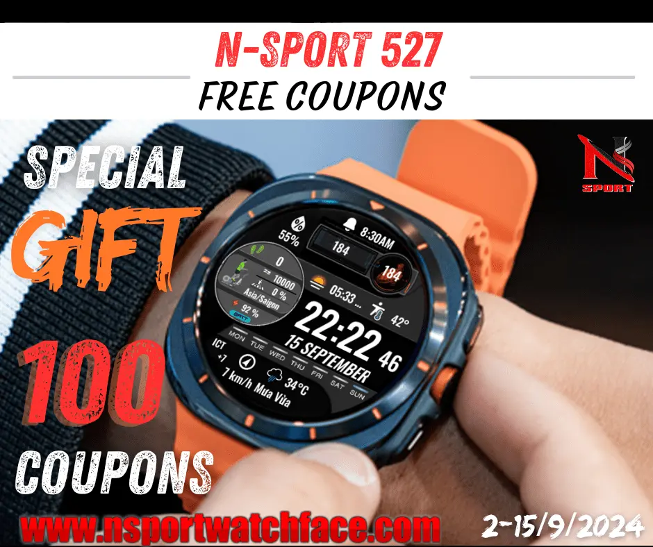 Big Gift 2/9-Free 100 Coupons N-Sport 527 Watch Face #Wearos Samsung Galaxy Watch Ultra/7/6/5/4 - N-Sport Watch Face