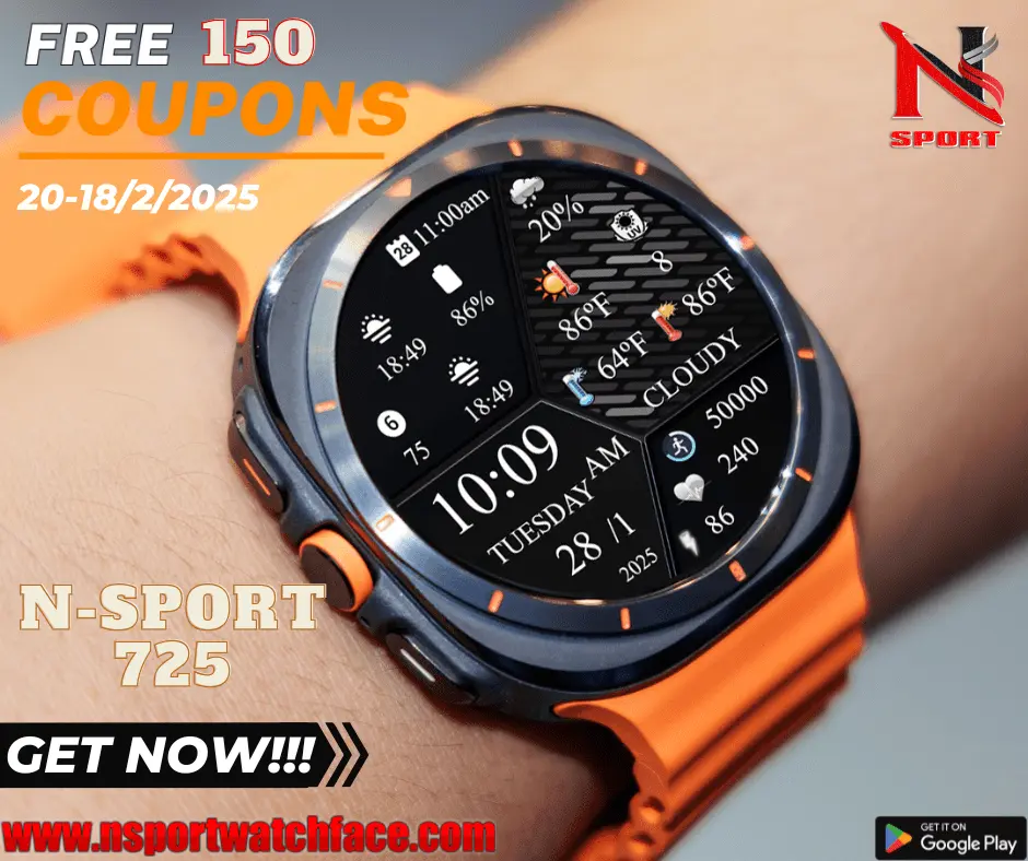 Big Gift 150 Coupons N-Sport 725 Watch Face Wearos5 Weather - N-Sport Watch Face