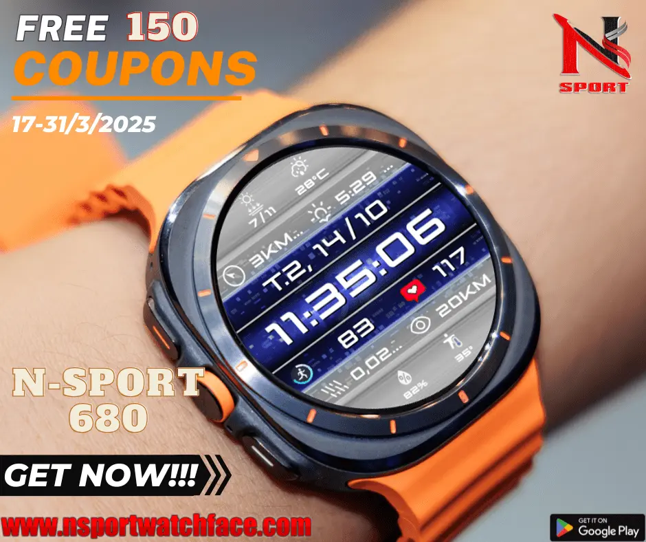 Free 150 Coupon N-Sport 680 Watch Face Digital -Samsung Galaxy Watch 7 Ultra, 6,5,4 Wearos - N-Sport Watch Face