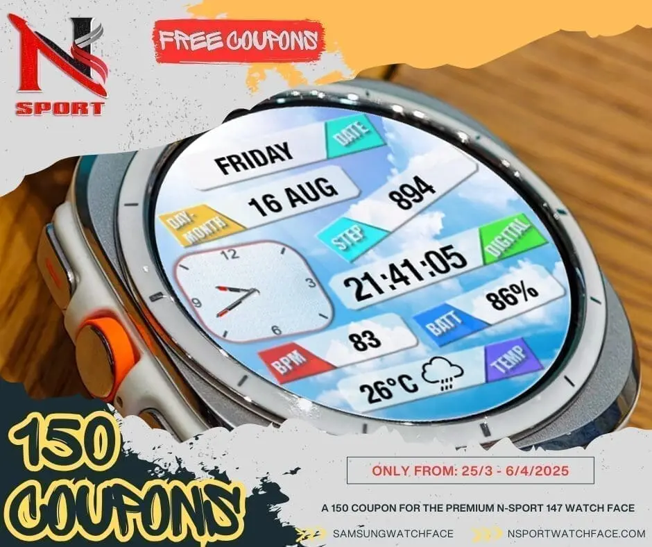 Gift Today: 150 Free Coupons N-Sport147 Watch Face Samsung Galaxy Watch4/5/6/7/Ultra - N-Sport Watch Face