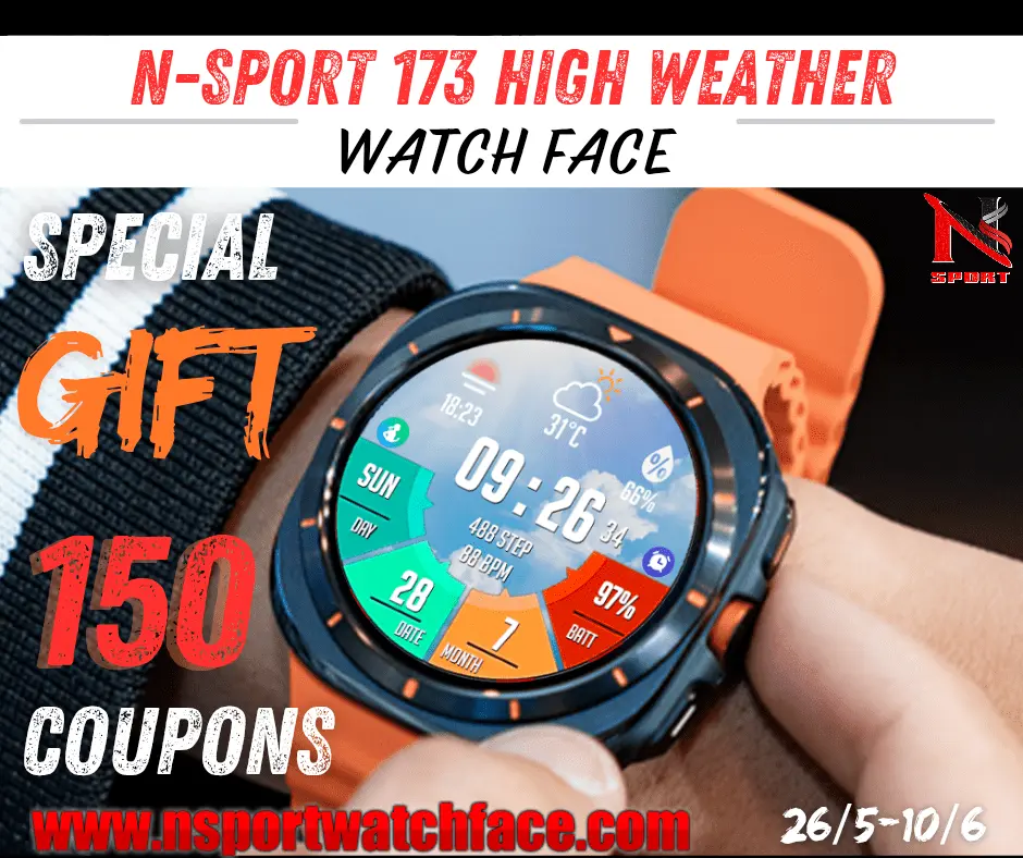Free 150 Coupons N-Sport 173 N-Sport Watch Face Samsung Galaxy Watch 4,5,6,7 Ultra Wearos - N-Sport Watch Face