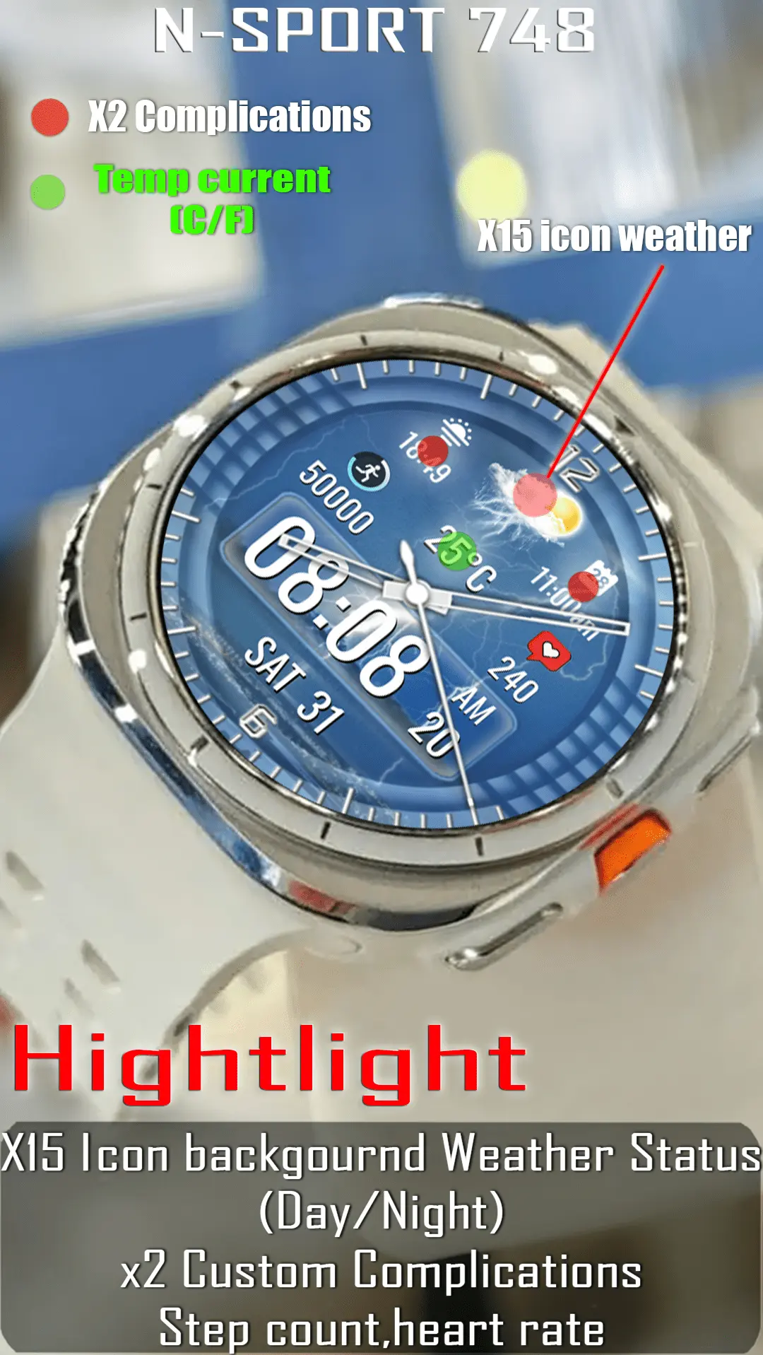 N-SPORT 748 Real-time Weather Luxury Hybrid Watch Face For Samsung