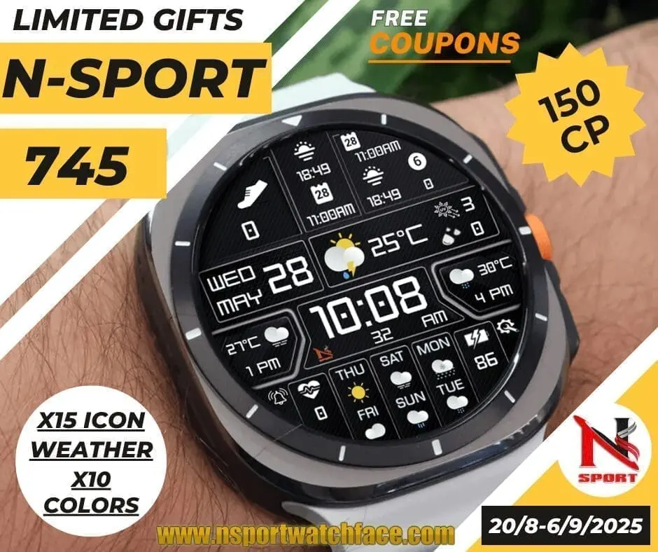 Free 150 Coupons N-Sport 745 Watch Face Wearos Samsung Galaxy Watch Ultra/8/7/6/5/4 – Limited Offer (Aug 20 – Sep 6) N-Sport Watch Face Free 150 Coupons N-Sport 745 Watch Face Wearos Samsung Galaxy Watch Ultra/8/7/6/5/4 – Limited Offer (Aug 20 – Sep 6) - N-Sport Watch Face