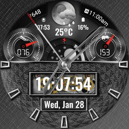 Feature Icon Watch Face 785 N-Sport 785 Real-Time Weather Luxury Tourbillon Mechanical &Amp; Gyro Motion &Amp; Lunar Calendar Hybrid Watch Face For Samsung &Amp; Wear Os N-Sport Watch Face